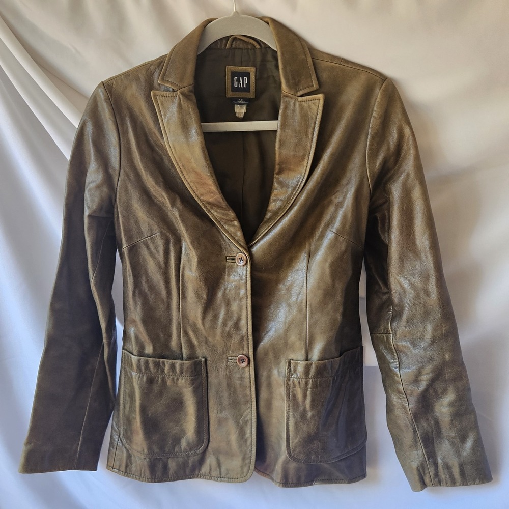 Vintage XS GAP Leather Jacket Womens‎ Olive 90s Blazer Two Button Classic Y2k